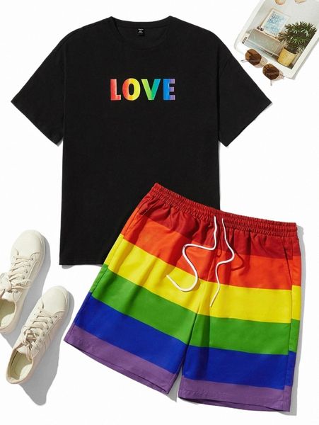 extended sizes men letter graphic tee & rainbow striped drawstring waist shorts 07lz#, Gray
extended sizes men letter graphic tee & rainbow striped drawstring waist shorts 07lz#, Gray