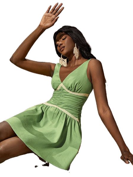 lace panel ruched flare hem dress y1mc#, Black;gray
lace panel ruched flare hem dress y1mc#, Black;gray