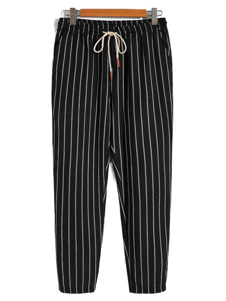 men striped drawstring waist pants q2ld#, Black