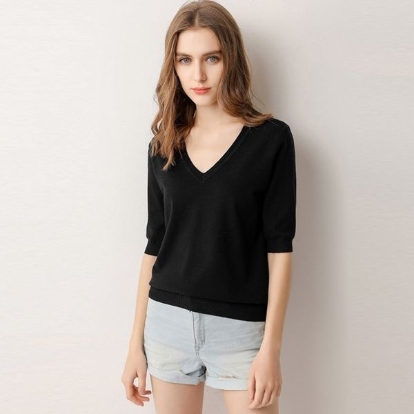 spring summer knitwear women pullover solid vneck short fivepoint sleeve knit thin sweater casual jumpers ladies y200720, White;black
spring summer knitwear women pullover solid vneck short fivepoint sleeve knit thin sweater casual jumpers ladies y200720, White;black