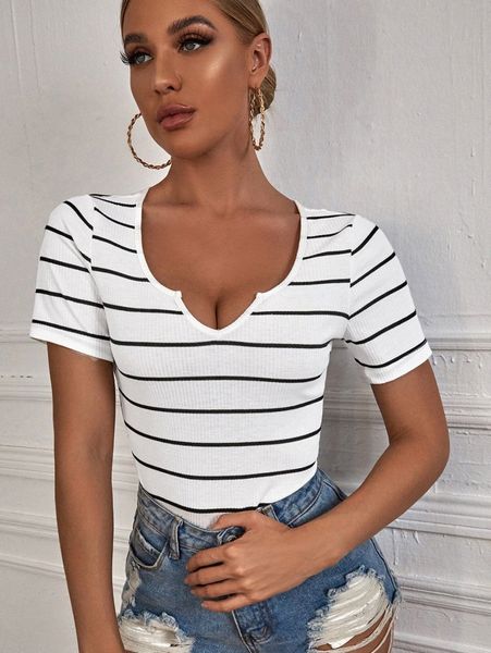 notched neck striped a2ah#, White
