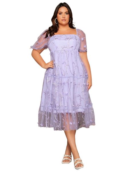 plus plants embroidery puff sleeve mesh dress a6rr#, Black