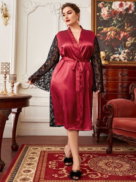 plus contrast lace trumpet sleeve belted satin robe without lingerie x7w4#, Black;white
plus contrast lace trumpet sleeve belted satin robe without lingerie x7w4#, Black;white