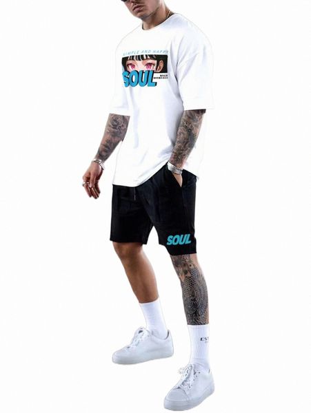 men letter & figure graphic tee & drawstring waist shorts 845r#, Gray 
men letter & figure graphic tee & drawstring waist shorts 845r#, Gray