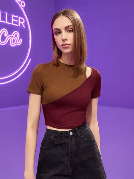 x revive two tone cut out crop tee 16ty#, White
x revive two tone cut out crop tee 16ty#, White