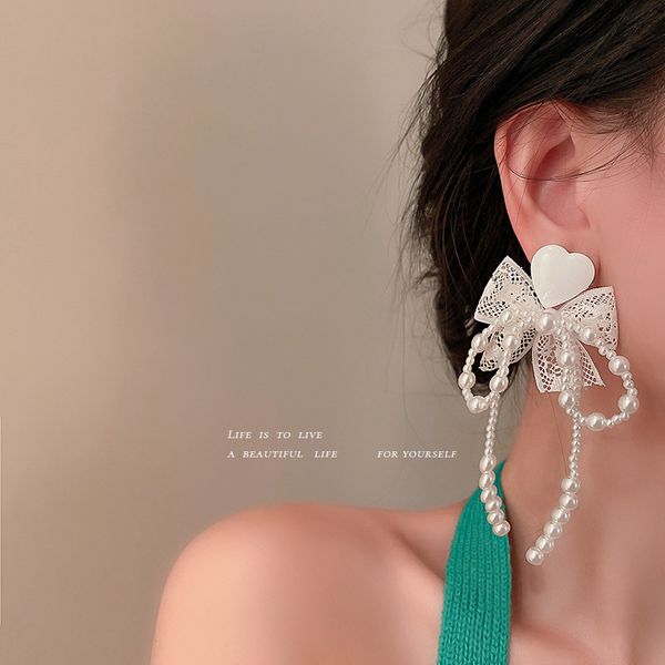925 silver needle pearl love heart bow tie stud earrings vintage super fairy tassel lace earrings sweet fashion eardrop for women, Golden
925 silver needle pearl love heart bow tie stud earrings vintage super fairy tassel lace earrings sweet fashion eardrop for women, Golden