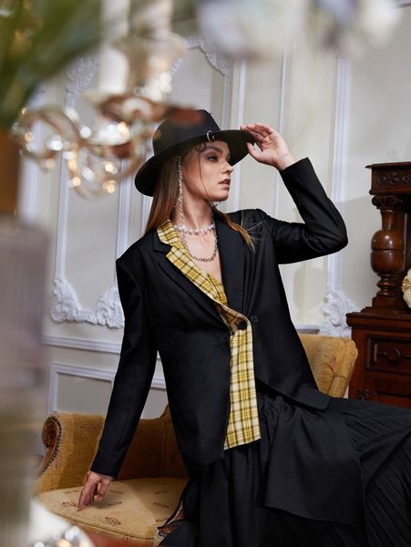 x reanne wang tartan panel lapel neck blazer w8gi#, White
x reanne wang tartan panel lapel neck blazer w8gi#, White