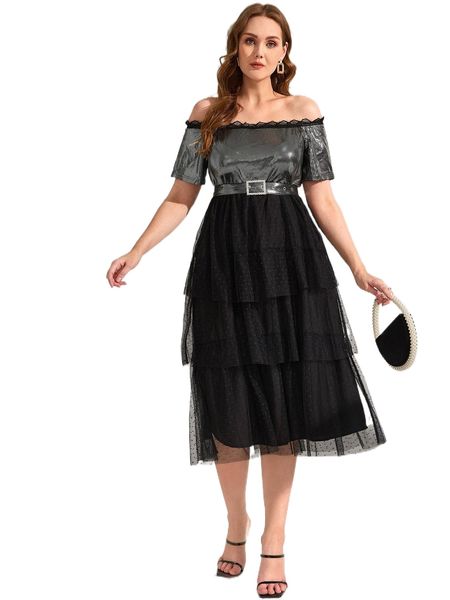 plus off shoulder eyelash lace panel dobby mesh layered hem belted dress l9vs#, Black
plus off shoulder eyelash lace panel dobby mesh layered hem belted dress l9vs#, Black