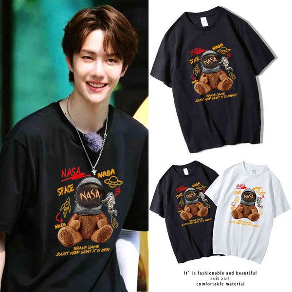 

nasa's joint bear astronaut short sleeve t-shirt men's women's fashion wang yibo's same clothes lovers t-shirt, White