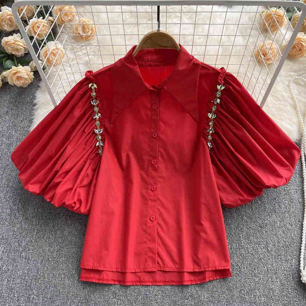 women's blouses shirts french pleated bubble sleeve heavy industry diamond inlaid chain decoration irregular split design single breast, White
women's blouses shirts french pleated bubble sleeve heavy industry diamond inlaid chain decoration irregular split design single breast, White
