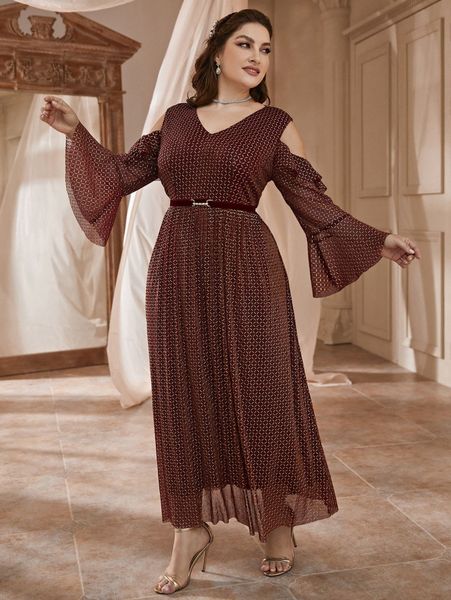 plus cold shoulder flounce sleeve ruffle trim belted geo mesh dress 87la#, Black
plus cold shoulder flounce sleeve ruffle trim belted geo mesh dress 87la#, Black