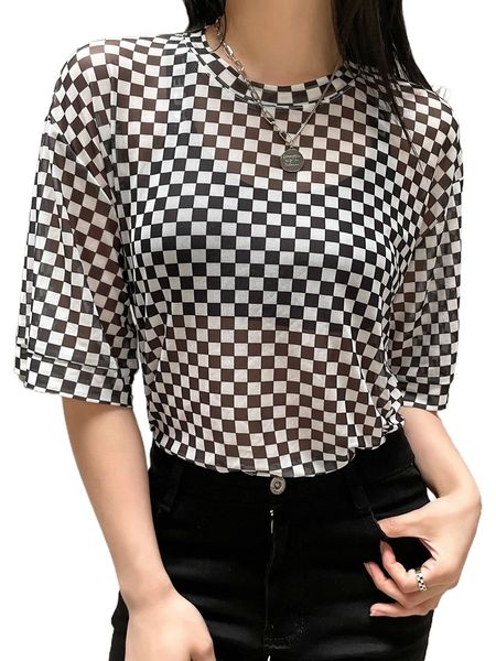 dazy checker print drop shoulder tee s7bk#, White
dazy checker print drop shoulder tee s7bk#, White