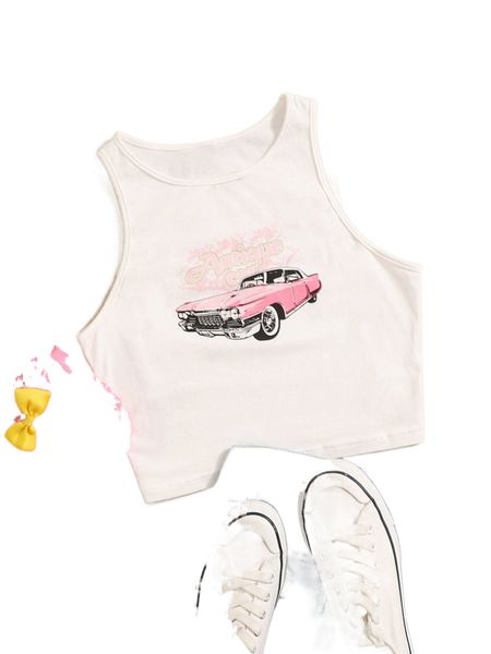 letter & car print crop tank g5kk#, White