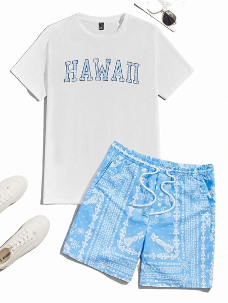 men letter graphic tee & paisley print drawstring waist shorts z13g#, Gray