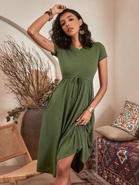 solid drawstring waist hidden pocket dress m28b#, Black;gray