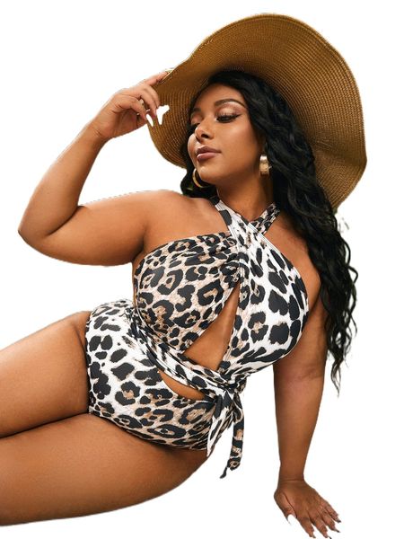 plus leopard print crisscross tie front halter one piece swimsuit f0hg#, White;black
plus leopard print crisscross tie front halter one piece swimsuit f0hg#, White;black