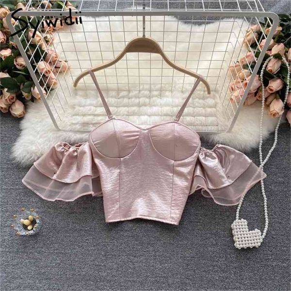 pink blouses womens summer korean folds back elastic off shoulder butterfly sleeve short spaghetti strap shirt 210607, White
pink blouses womens summer korean folds back elastic off shoulder butterfly sleeve short spaghetti strap shirt 210607, White
