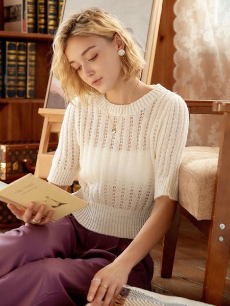 knit mix pointelle knit without camisole h58u#, White;black