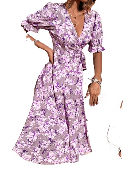 allover floral print flounce sleeve tie side wrap hem dress m3oz#, Black;gray
allover floral print flounce sleeve tie side wrap hem dress m3oz#, Black;gray