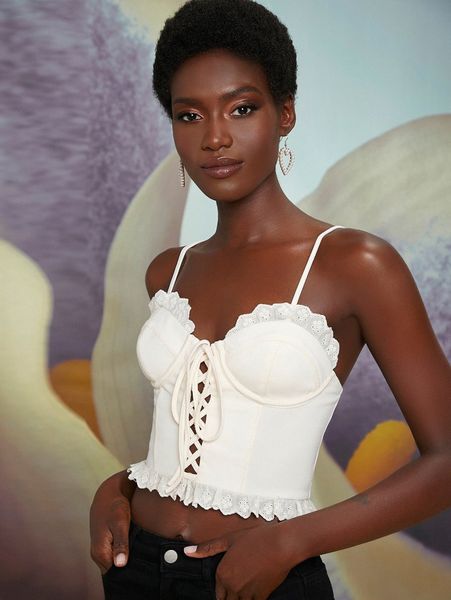 x penelope ping schiffy frill trim lace up front crop cami p2sn#, White
x penelope ping schiffy frill trim lace up front crop cami p2sn#, White