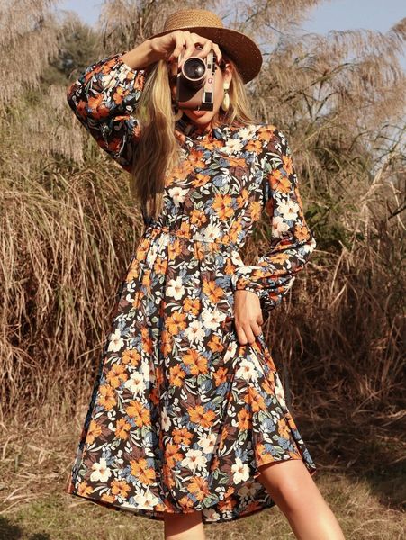 allover floral print frill neck a-line dress u6wa#, Black;gray
allover floral print frill neck a-line dress u6wa#, Black;gray