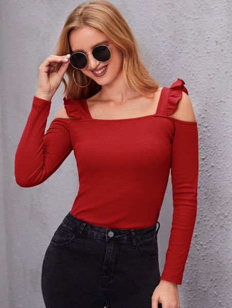 ruffle trim cold shoulder ribbed knit tee z4ku#, White