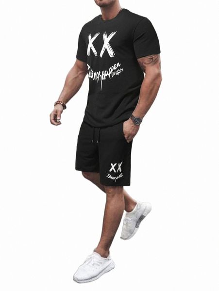 men slogan graphic tee & drawstring shorts set k7dh#, Gray