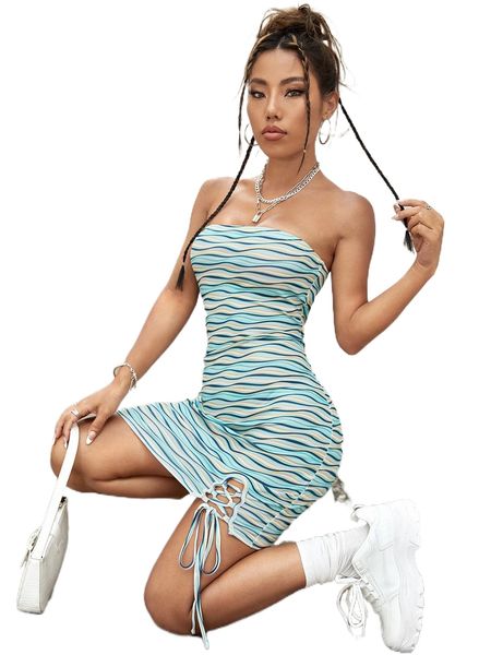wave striped lace up side backless dress d6an#, Black;gray