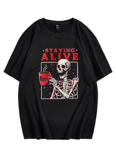 x eduely men skeleton & slogan graphic tee a2bk#, White;black
