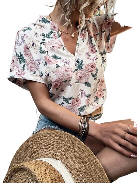 floral print notch neck roll up sleeve blouse h0l3#, White