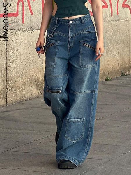 sweetown baggy cargo jeans woman low waist y2k wide leg pants zipper pockets stitch techpants korean fashion denim trousers 220815, Blue
sweetown baggy cargo jeans woman low waist y2k wide leg pants zipper pockets stitch techpants korean fashion denim trousers 220815, Blue