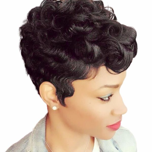 human hair short curly wigs for black women full none lace brazilian pixie cut indian machine made wigs african american, Black;brown
