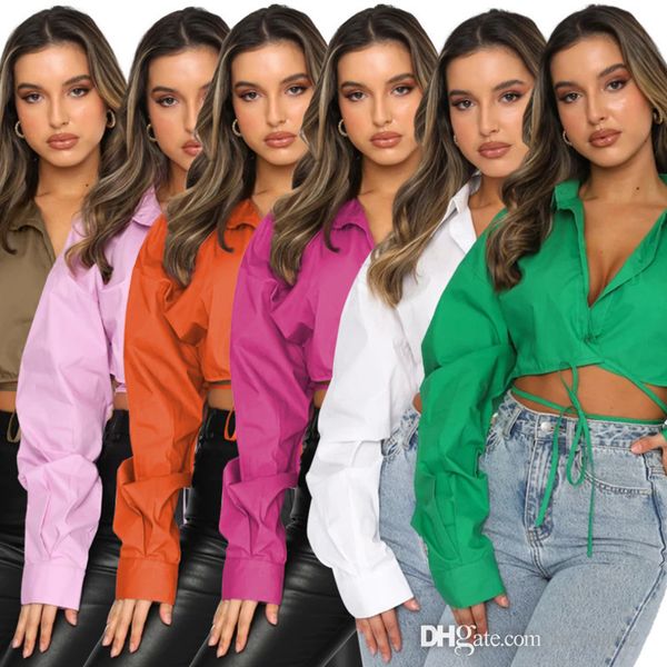 retail designer women shirts blouses long sleeved crop solid color cardigan bandage lapel single breasted fall clothing, White
retail designer women shirts blouses long sleeved crop solid color cardigan bandage lapel single breasted fall clothing, White