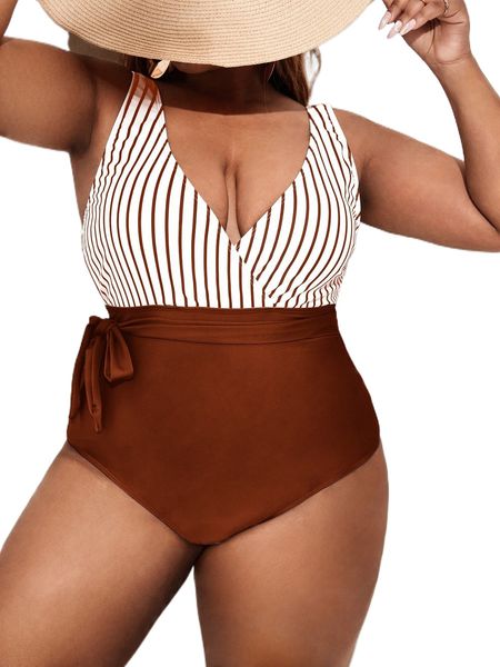 plus striped knot one piece swimsuit 69yj#, White;black
plus striped knot one piece swimsuit 69yj#, White;black