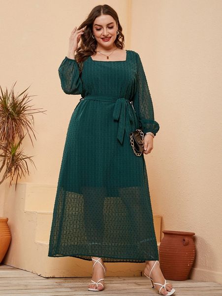 plus swiss dot square neck lantern sleeve belted dress 76er#, Black