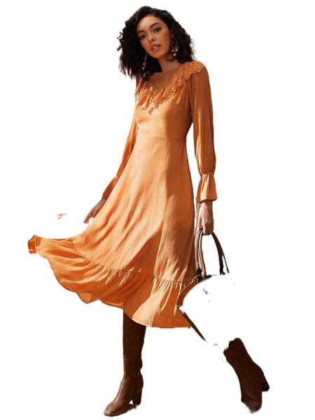 lace trim flounce sleeve ruffle hem dress 1795#, Black;gray 
lace trim flounce sleeve ruffle hem dress 1795#, Black;gray