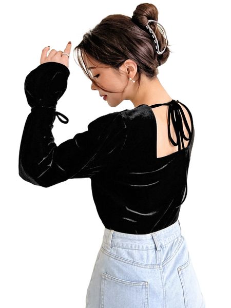 dazy tie back flounce sleeve velvet tee 537e#, White
dazy tie back flounce sleeve velvet tee 537e#, White