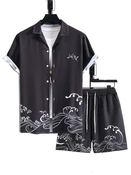 men wave & crane print shirt & drawstring waist shorts without tee 830d#, Gray
men wave & crane print shirt & drawstring waist shorts without tee 830d#, Gray