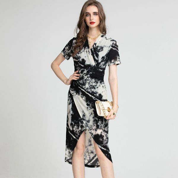 women's runway dress v neck short sleeves printed asymmetrical fashion sheath mid vestidos, Black
women's runway dress v neck short sleeves printed asymmetrical fashion sheath mid vestidos, Black