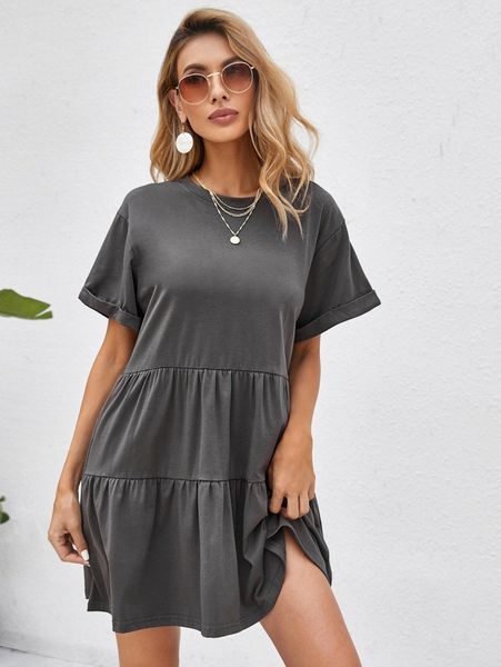 rolled cuff ruffle hem babydoll dress d8xa#, Black;gray 
rolled cuff ruffle hem babydoll dress d8xa#, Black;gray