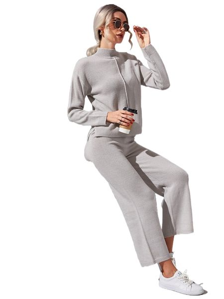 mock neck seam detail split hem drop shoulder sweater & knit pants 69ys#, White;black
mock neck seam detail split hem drop shoulder sweater & knit pants 69ys#, White;black