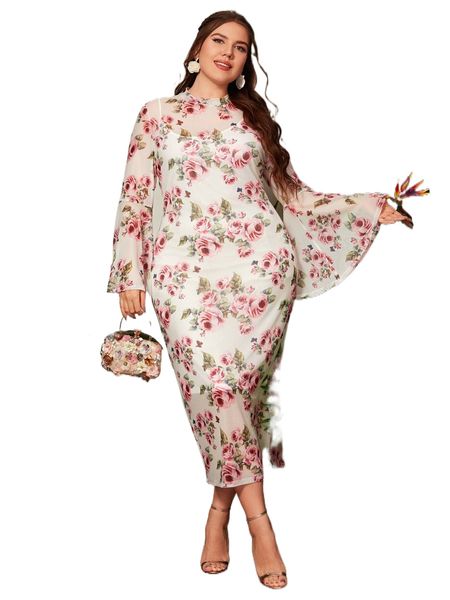 plus allover floral print trumpet sleeve slit back mesh dress q4iu#, Black