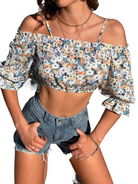 allover floral print cold shoulder puff sleeve crop blouse l7fk#, White
allover floral print cold shoulder puff sleeve crop blouse l7fk#, White