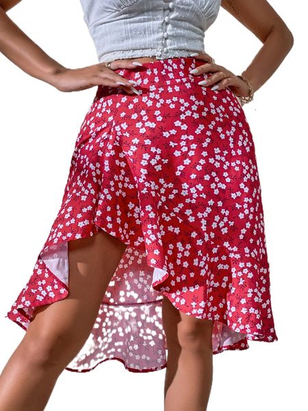 ditsy floral ruffle hem skirt 09md#, Black