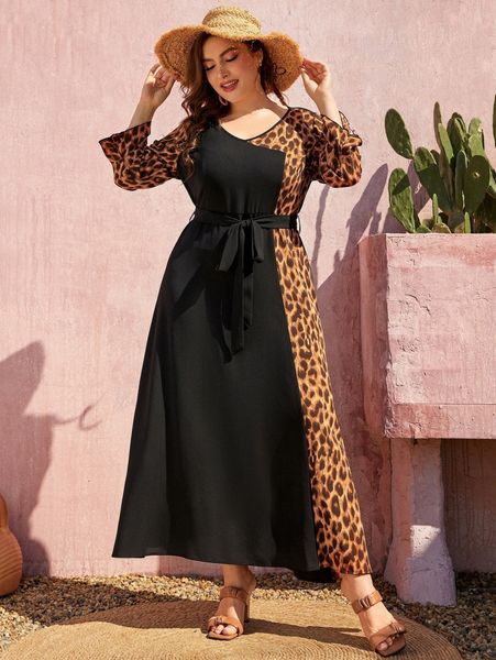 plus leopard print flounce sleeve belted dress 24am#, Black
