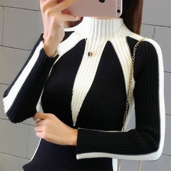 half-high collar sweater autumn winter thickened female long-sleeved stretch sweater korean striped stitching bottoming sweater 201016, White;black
half-high collar sweater autumn winter thickened female long-sleeved stretch sweater korean striped stitching bottoming sweater 201016, White;black
