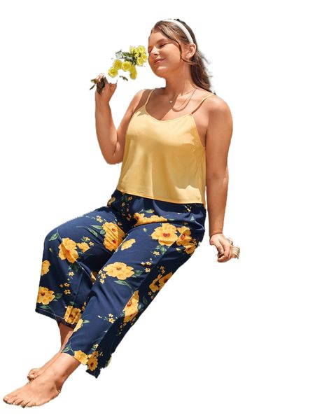 plus floral print satin cami pj set n6lg#, Black;white