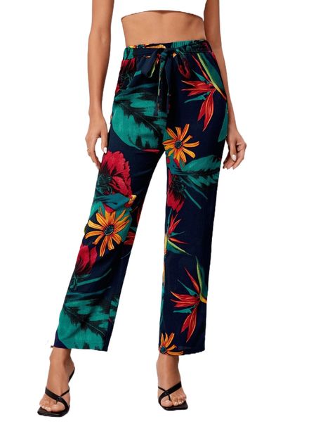 tropical print knot front pants n0cj#, Black;white 
tropical print knot front pants n0cj#, Black;white