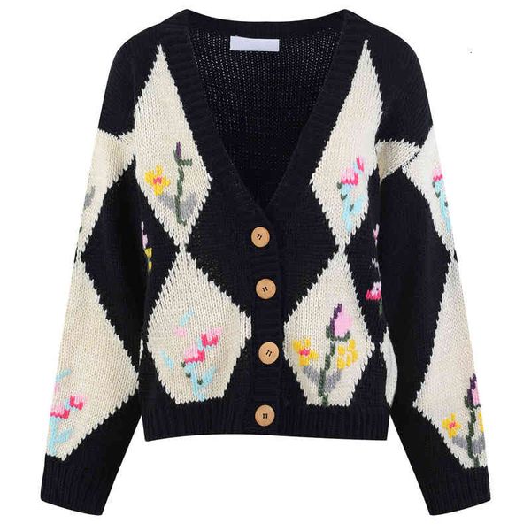 women's knits tees autumn and winter embroidered flower knitted cardigan plaid sweater korean style temperament contrast sweater jacket, White
women's knits tees autumn and winter embroidered flower knitted cardigan plaid sweater korean style temperament contrast sweater jacket, White