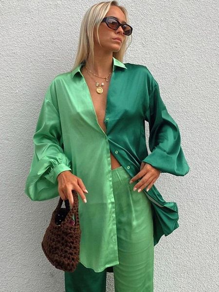 women's two piece pants oversized satin shirt trousers set woman contrasting colors button straight suit female 2022 spring casual outf, White
women's two piece pants oversized satin shirt trousers set woman contrasting colors button straight suit female 2022 spring casual outf, White